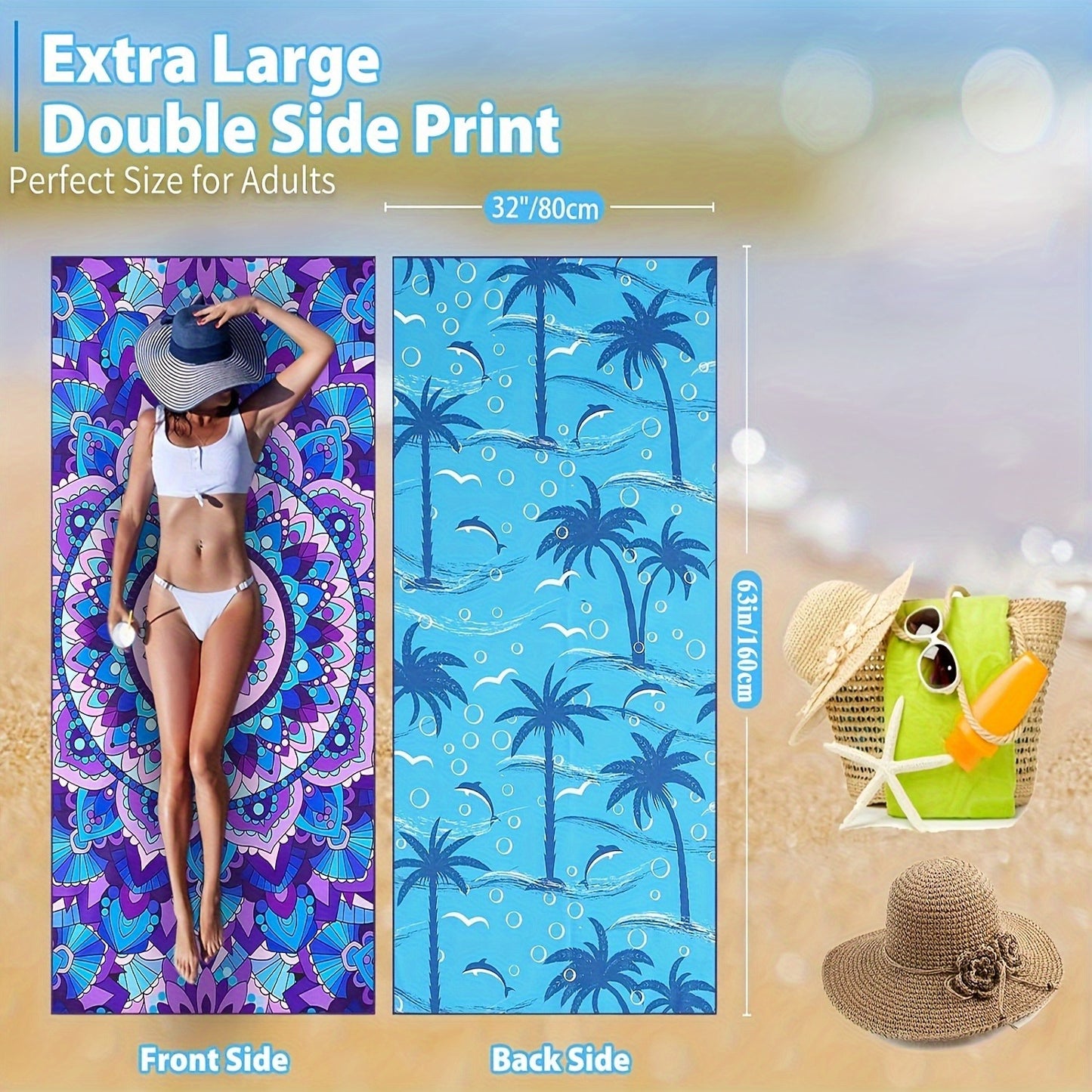 2 pcs Beach Towel Double sided print Soft and comfortable beach towel Extra Large Quick Dry Sand Free Light Weight Super Absorbent