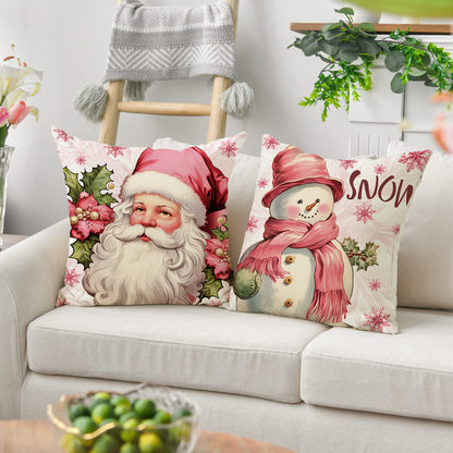 4pcs Pink Elk Christmas Pillow Cover with Linen Letter Printing Festival Decoration Living Room Sofa Cushion Cover