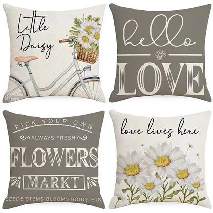 4pcs Spring Pillow Covers Hello Sunshine Tulip Throw Pillow Covers Spring Summer Farmhouse Decorations Yellow Bike Flowers Cushion Covers