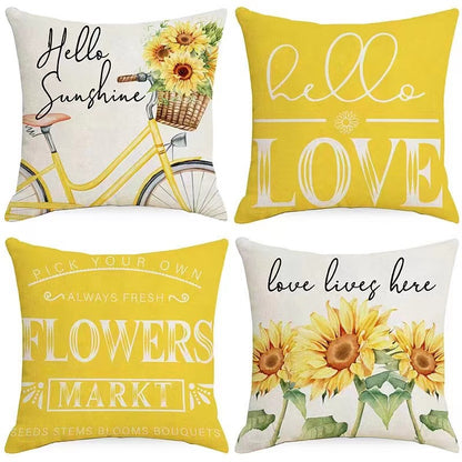 4pcs Spring Pillow Covers Hello Sunshine Tulip Throw Pillow Covers Spring Summer Farmhouse Decorations Yellow Bike Flowers Cushion Covers