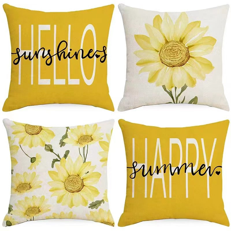 4pcs Spring Pillow Covers Hello Sunshine Tulip Throw Pillow Covers Spring Summer Farmhouse Decorations Yellow Bike Flowers Cushion Covers
