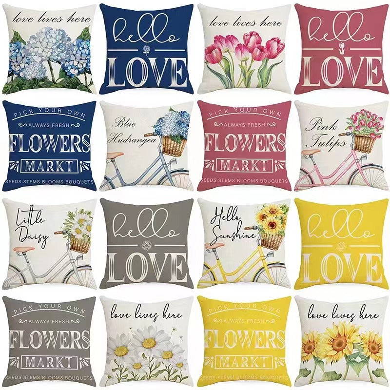 4pcs Spring Pillow Covers Hello Sunshine Tulip Throw Pillow Covers Spring Summer Farmhouse Decorations Yellow Bike Flowers Cushion Covers