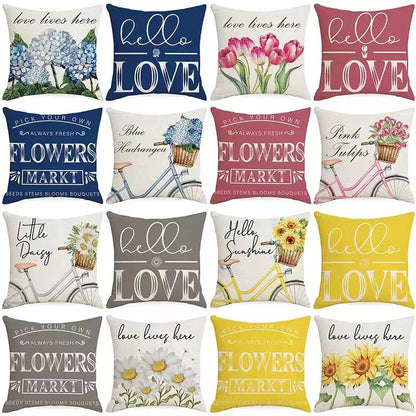 4pcs Spring Pillow Covers Hello Sunshine Tulip Throw Pillow Covers Spring Summer Farmhouse Decorations Yellow Bike Flowers Cushion Covers