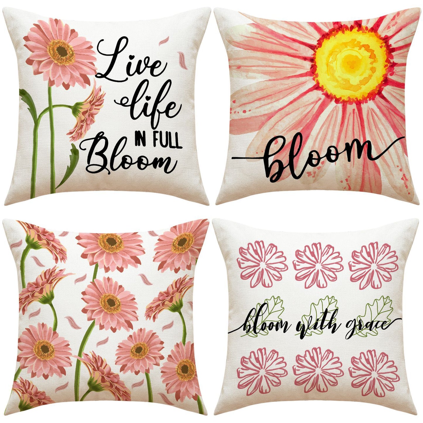4pcs Daisy print pillowcase, home décor set, combination pillow covers, linen print, lettered sofa, throw pillow, cushion