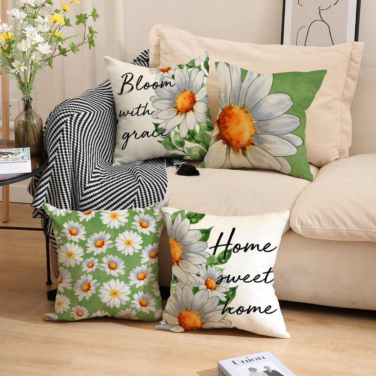 4pcs Daisy print pillowcase, home décor set, combination pillow covers, linen print, lettered sofa, throw pillow, cushion