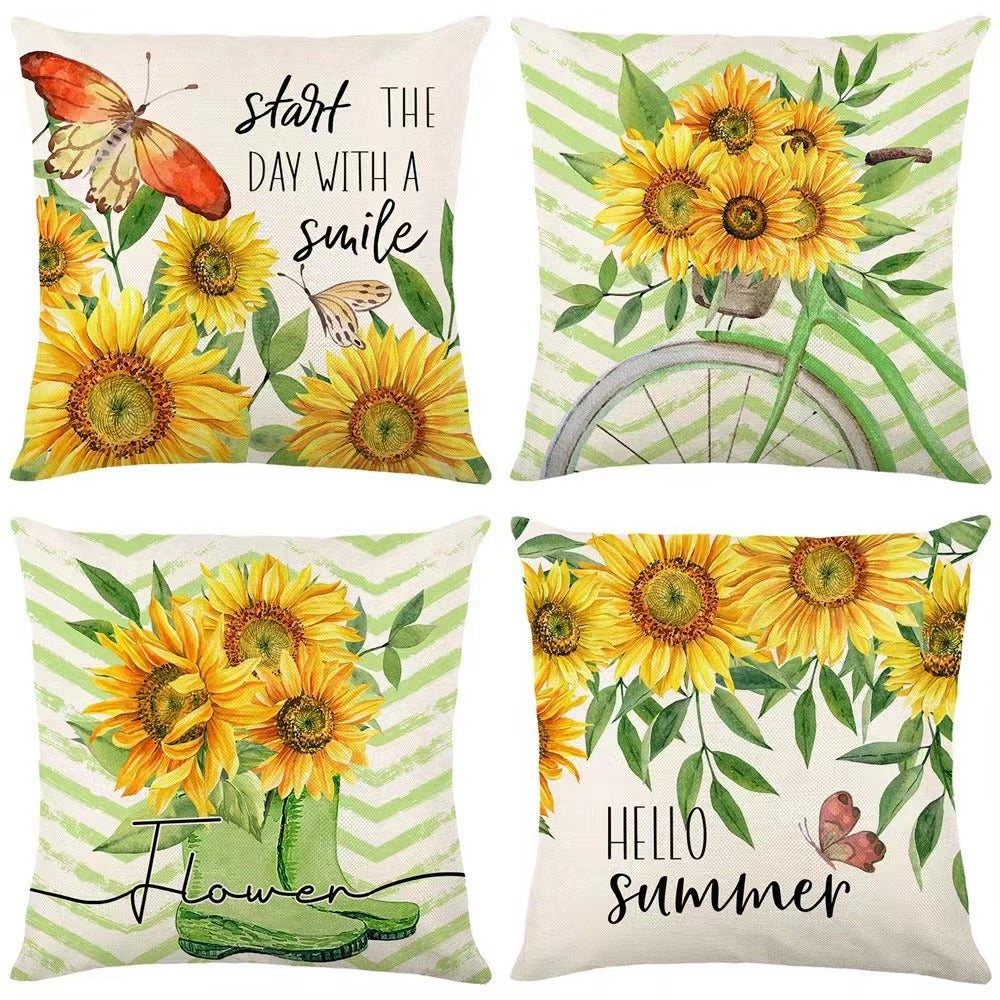 4pcs Spring Pillow Covers Hello Sunshine Tulip Throw Pillow Covers Spring Summer Farmhouse Decorations Yellow Bike Flowers Cushion Covers