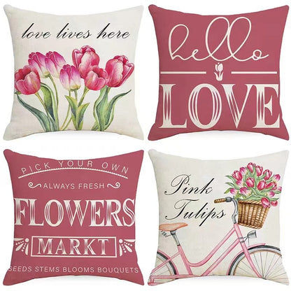 4pcs Spring Pillow Covers Hello Sunshine Tulip Throw Pillow Covers Spring Summer Farmhouse Decorations Yellow Bike Flowers Cushion Covers
