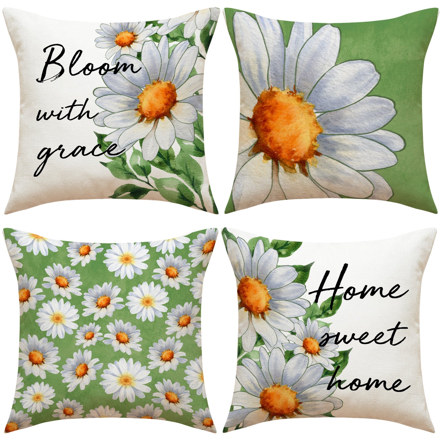 4pcs Daisy print pillowcase, home décor set, combination pillow covers, linen print, lettered sofa, throw pillow, cushion
