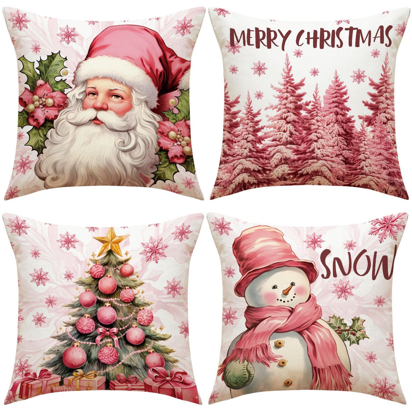 4pcs Pink Elk Christmas Pillow Cover with Linen Letter Printing Festival Decoration Living Room Sofa Cushion Cover