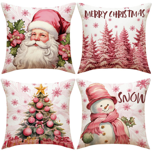 4pcs Pink Elk Christmas Pillow Cover with Linen Letter Printing Festival Decoration Living Room Sofa Cushion Cover