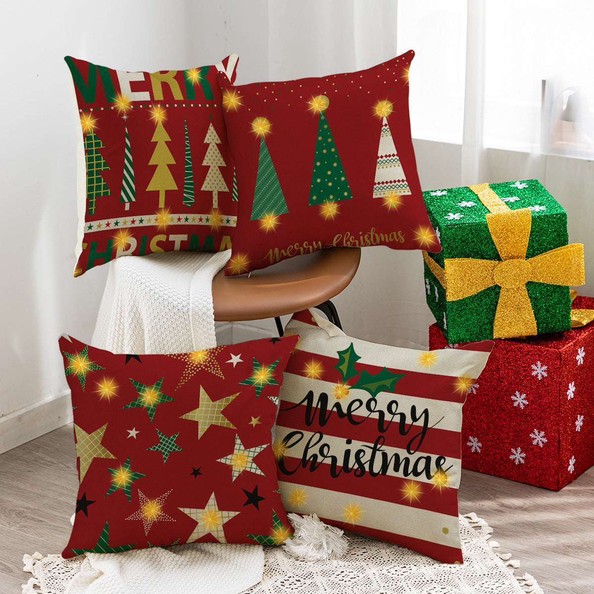 4pcs Pillow Cover Christmas Decoration With Led Sofa Pillow Cover Home Headrest Pillow Cover Cartoon Pillow Cover