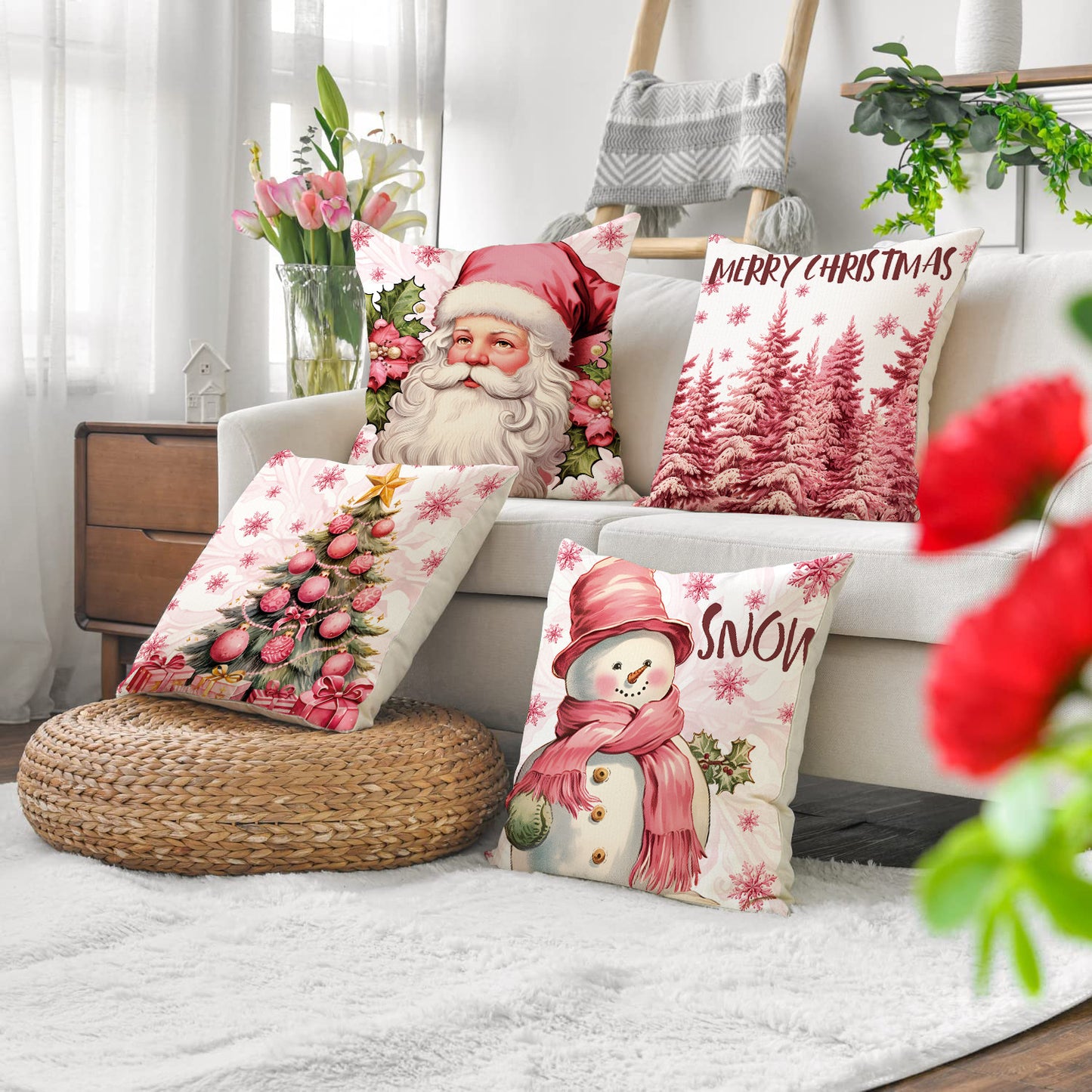 4pcs Pink Elk Christmas Pillow Cover with Linen Letter Printing Festival Decoration Living Room Sofa Cushion Cover