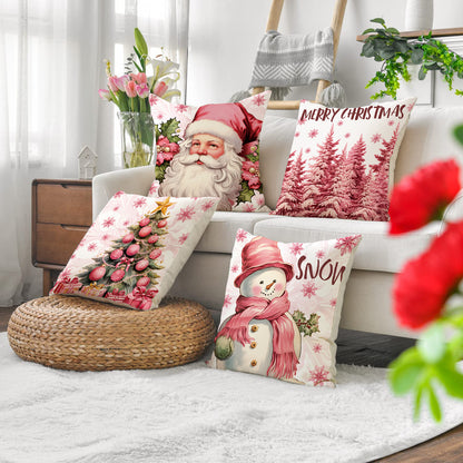 4pcs Pink Elk Christmas Pillow Cover with Linen Letter Printing Festival Decoration Living Room Sofa Cushion Cover