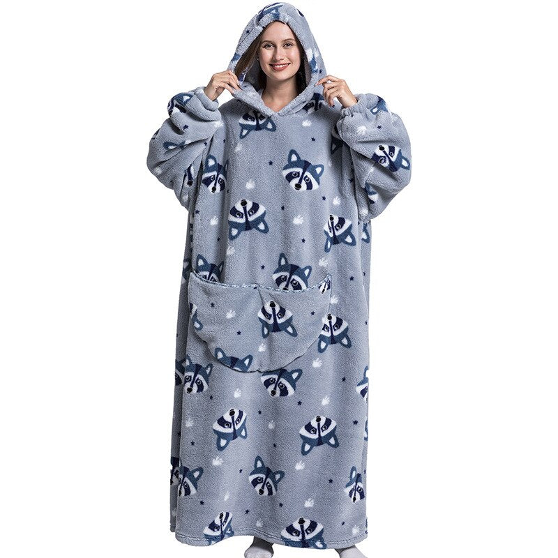 Nordic Super Long  Flannel Blanket with Sleeves Winter Hoodies Sweatshirt Solid Pullover Fleece Oversized Giant TV Red Blankets