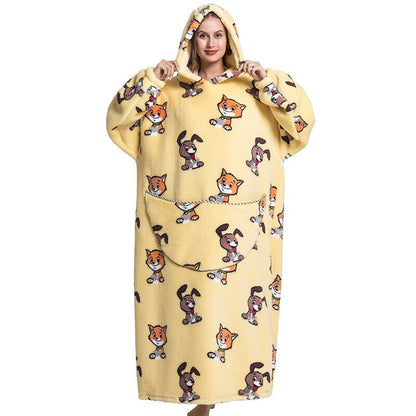 Nordic Super Long  Flannel Blanket with Sleeves Winter Hoodies Sweatshirt Solid Pullover Fleece Oversized Giant TV Red Blankets