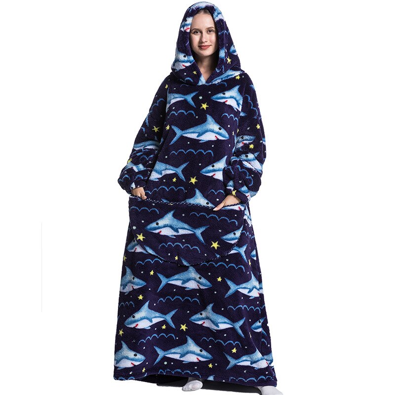 Nordic Super Long  Flannel Blanket with Sleeves Winter Hoodies Sweatshirt Solid Pullover Fleece Oversized Giant TV Red Blankets
