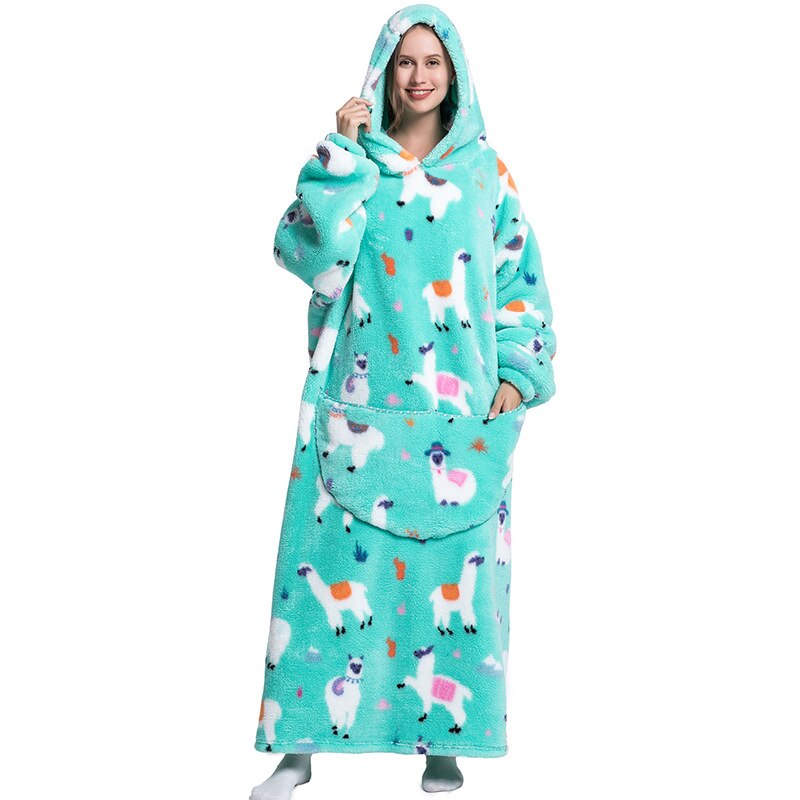 Nordic Super Long  Flannel Blanket with Sleeves Winter Hoodies Sweatshirt Solid Pullover Fleece Oversized Giant TV Red Blankets