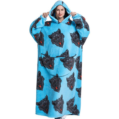 Nordic Super Long  Flannel Blanket with Sleeves Winter Hoodies Sweatshirt Solid Pullover Fleece Oversized Giant TV Red Blankets