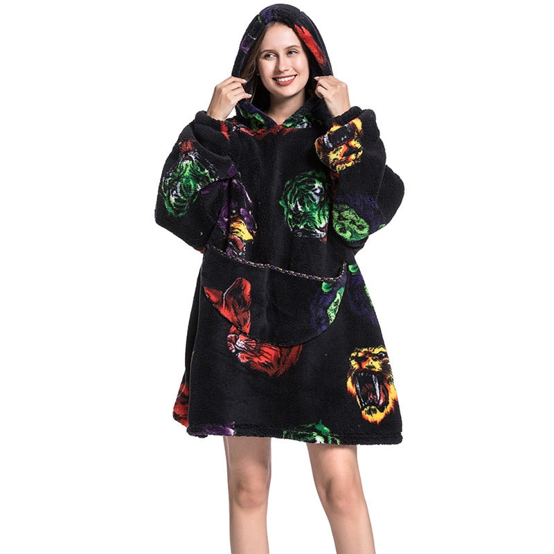 Wearable Blanket Hoodie Sweatshirt Women Printed Wearable Blankets Fleece Warm Kids Sleepwear Lazy TV Giant Blanket