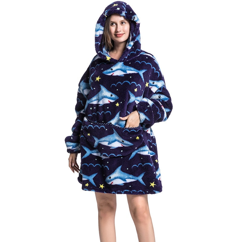 Wearable Blanket Hoodie Sweatshirt Women Printed Wearable Blankets Fleece Warm Kids Sleepwear Lazy TV Giant Blanket