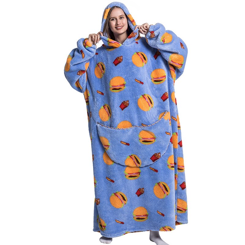 Nordic Super Long  Flannel Blanket with Sleeves Winter Hoodies Sweatshirt Solid Pullover Fleece Oversized Giant TV Red Blankets