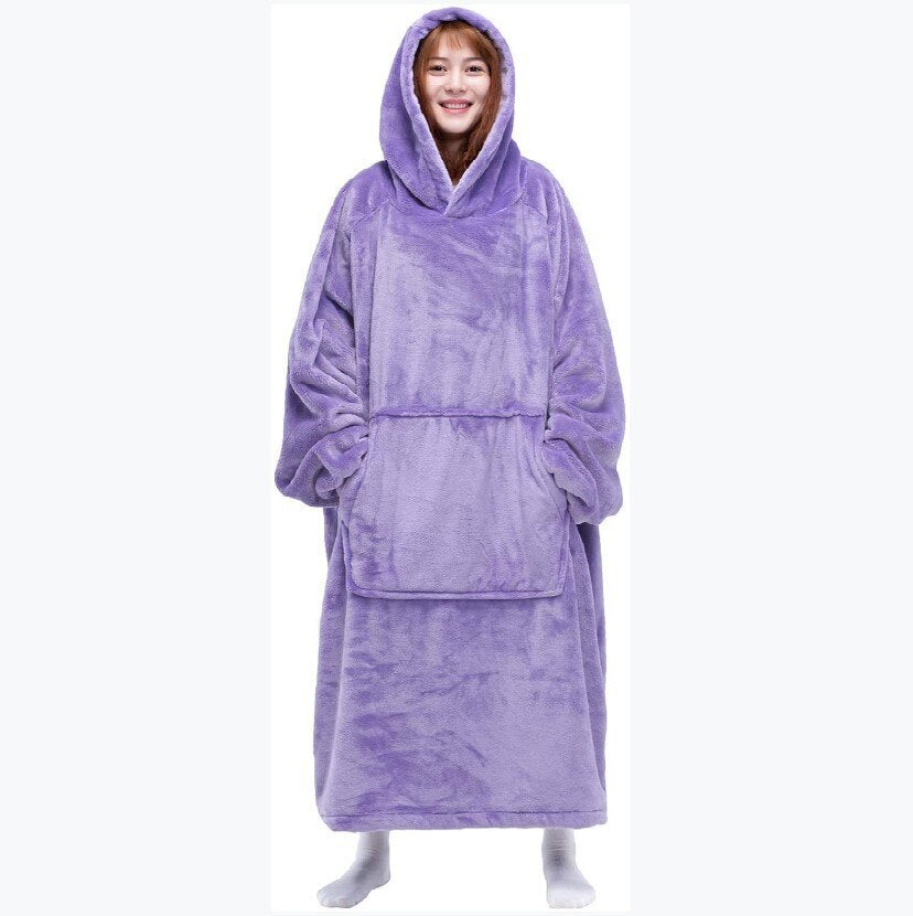 Nordic Super Long  Flannel Blanket with Sleeves Winter Hoodies Sweatshirt Solid Pullover Fleece Oversized Giant TV Red Blankets