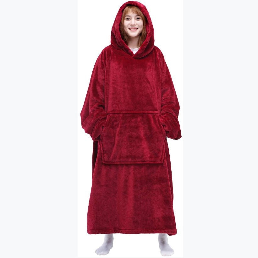 Nordic Super Long  Flannel Blanket with Sleeves Winter Hoodies Sweatshirt Solid Pullover Fleece Oversized Giant TV Red Blankets