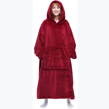 Nordic Super Long  Flannel Blanket with Sleeves Winter Hoodies Sweatshirt Solid Pullover Fleece Oversized Giant TV Red Blankets