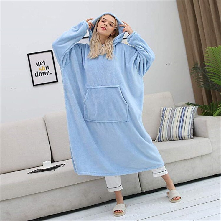 Nordic Super Long  Flannel Blanket with Sleeves Winter Hoodies Sweatshirt Solid Pullover Fleece Oversized Giant TV Red Blankets