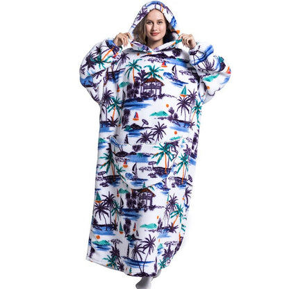 Nordic Super Long  Flannel Blanket with Sleeves Winter Hoodies Sweatshirt Solid Pullover Fleece Oversized Giant TV Red Blankets