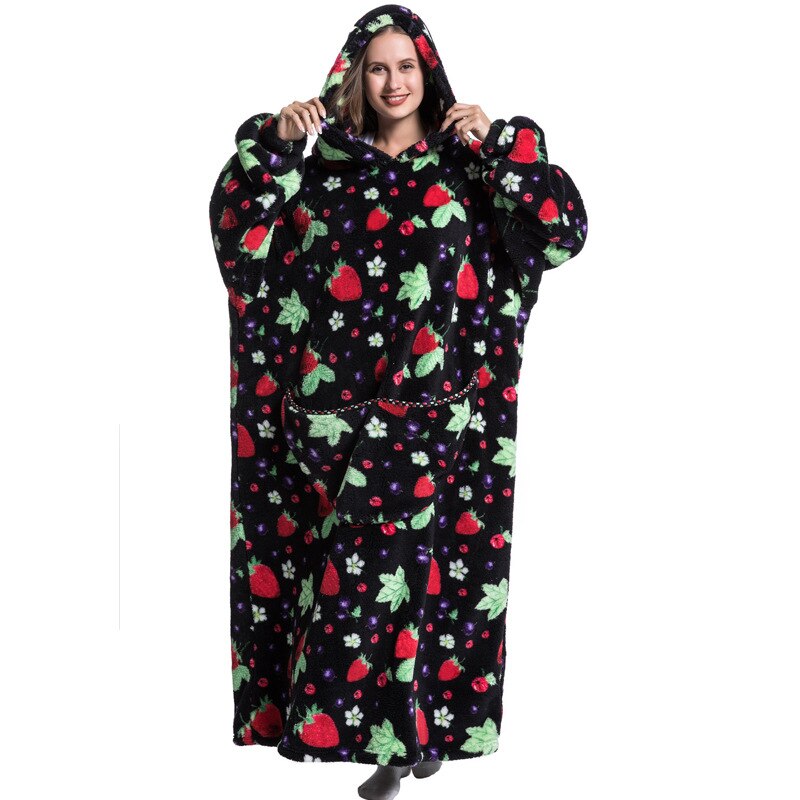 Nordic Super Long  Flannel Blanket with Sleeves Winter Hoodies Sweatshirt Solid Pullover Fleece Oversized Giant TV Red Blankets