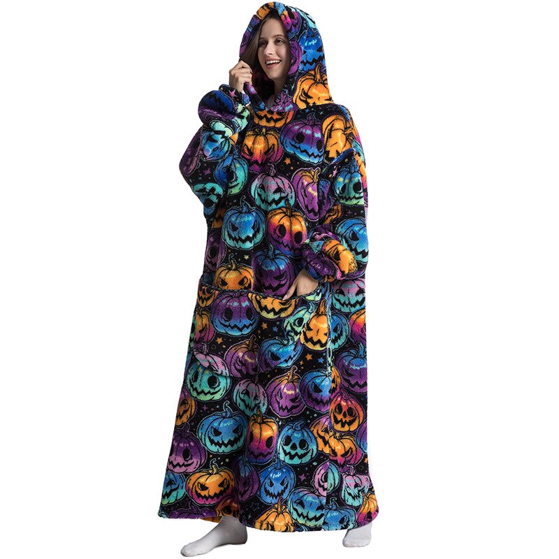 Nordic Super Long  Flannel Blanket with Sleeves Winter Hoodies Sweatshirt Solid Pullover Fleece Oversized Giant TV Red Blankets