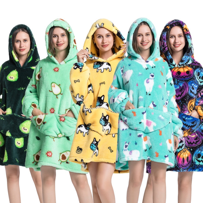 Wearable Blanket Hoodie Sweatshirt Women Printed Wearable Blankets Fleece Warm Kids Sleepwear Lazy TV Giant Blanket